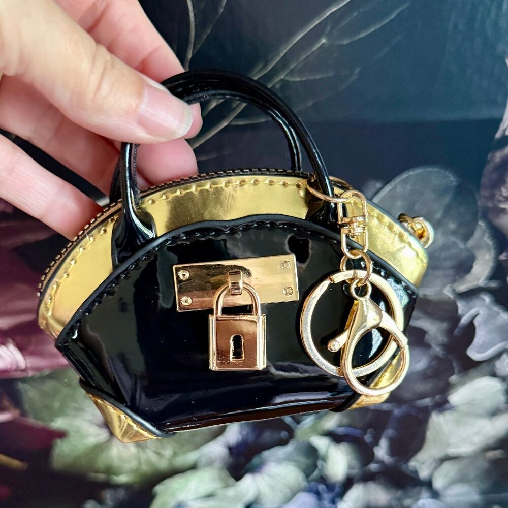 NEW Mini Keychain Handbag Keychain Coin Purse Glossy Black Golden Hardware